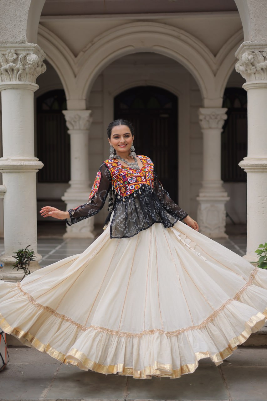 Off White Kora Cotton Gota-Patti Lehenga with Black Bandhani Kutchi Patchwork Top
