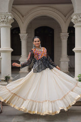 Off White Kora Cotton Gota-Patti Lehenga with Black Bandhani Kutchi Patchwork Top