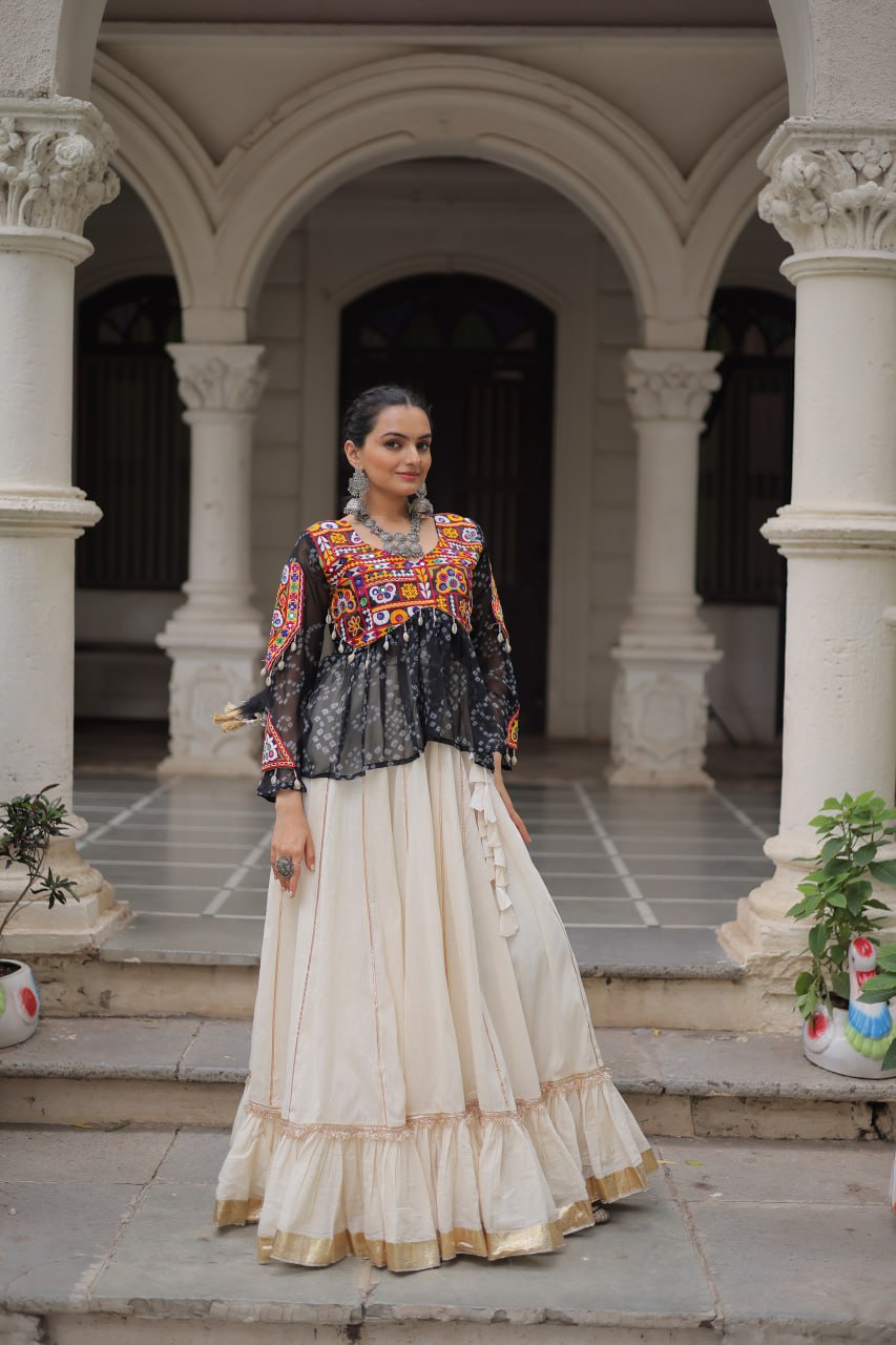 Off White Kora Cotton Gota-Patti Lehenga with Black Bandhani Kutchi Patchwork Top