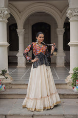 Off White Kora Cotton Gota-Patti Lehenga with Black Bandhani Kutchi Patchwork Top