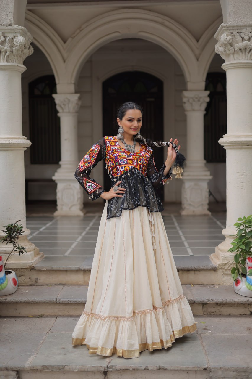 Off White Kora Cotton Gota-Patti Lehenga with Black Bandhani Kutchi Patchwork Top
