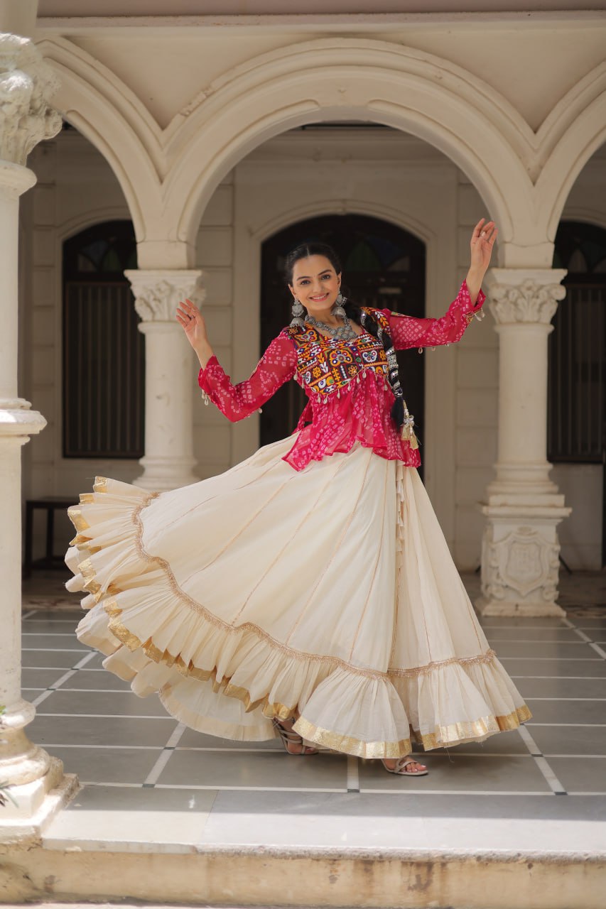 Off White Kora Cotton Gota-Patti Lehenga with Pink Bandhani Kutchi Patchwork Top