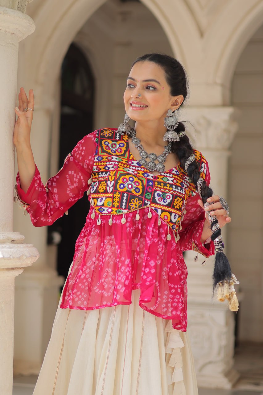 Off White Kora Cotton Gota-Patti Lehenga with Pink Bandhani Kutchi Patchwork Top