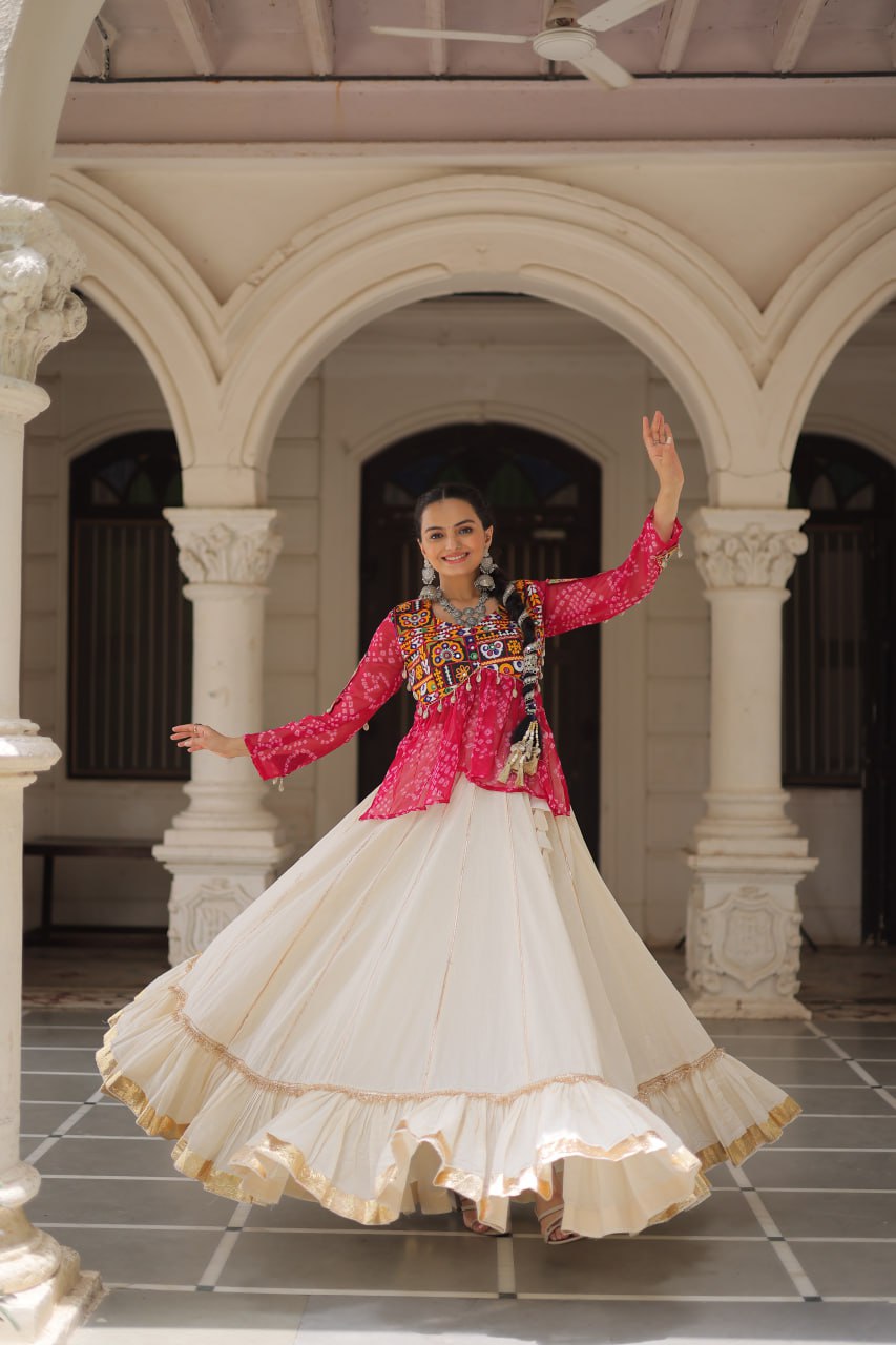 Off White Kora Cotton Gota-Patti Lehenga with Pink Bandhani Kutchi Patchwork Top