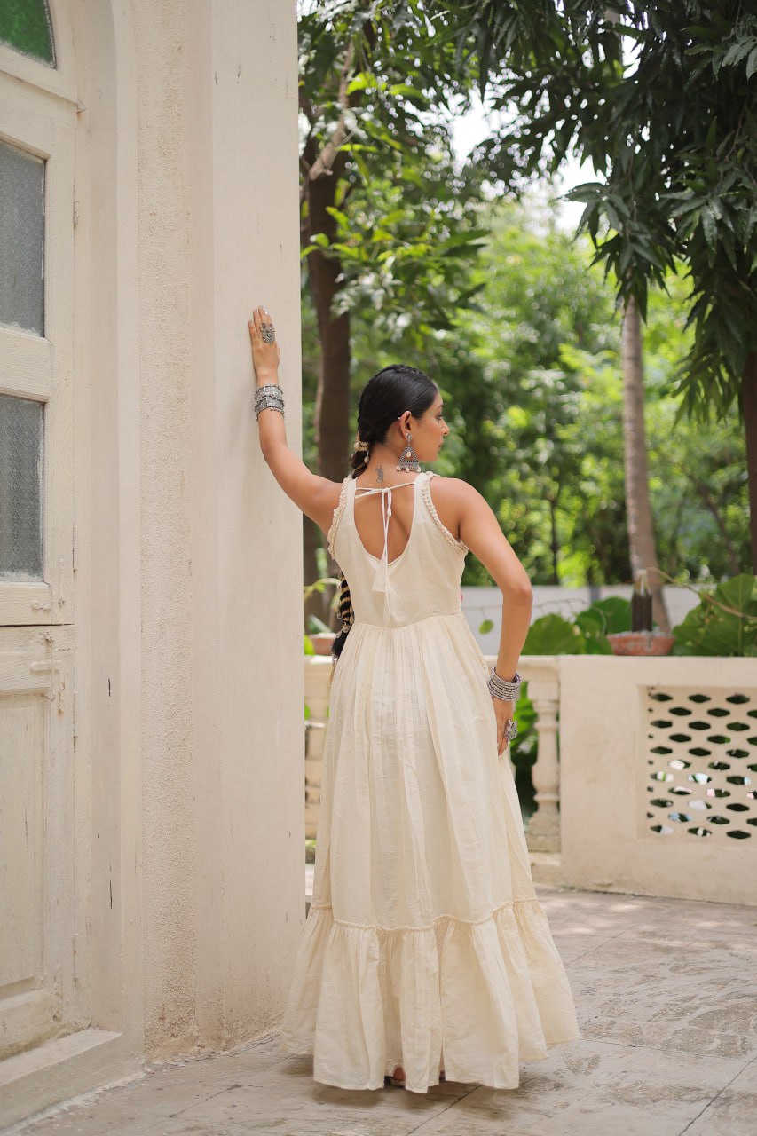 Off-White Kora Cotton Sleeveless Embroidered Gown with 8-Meter Flair