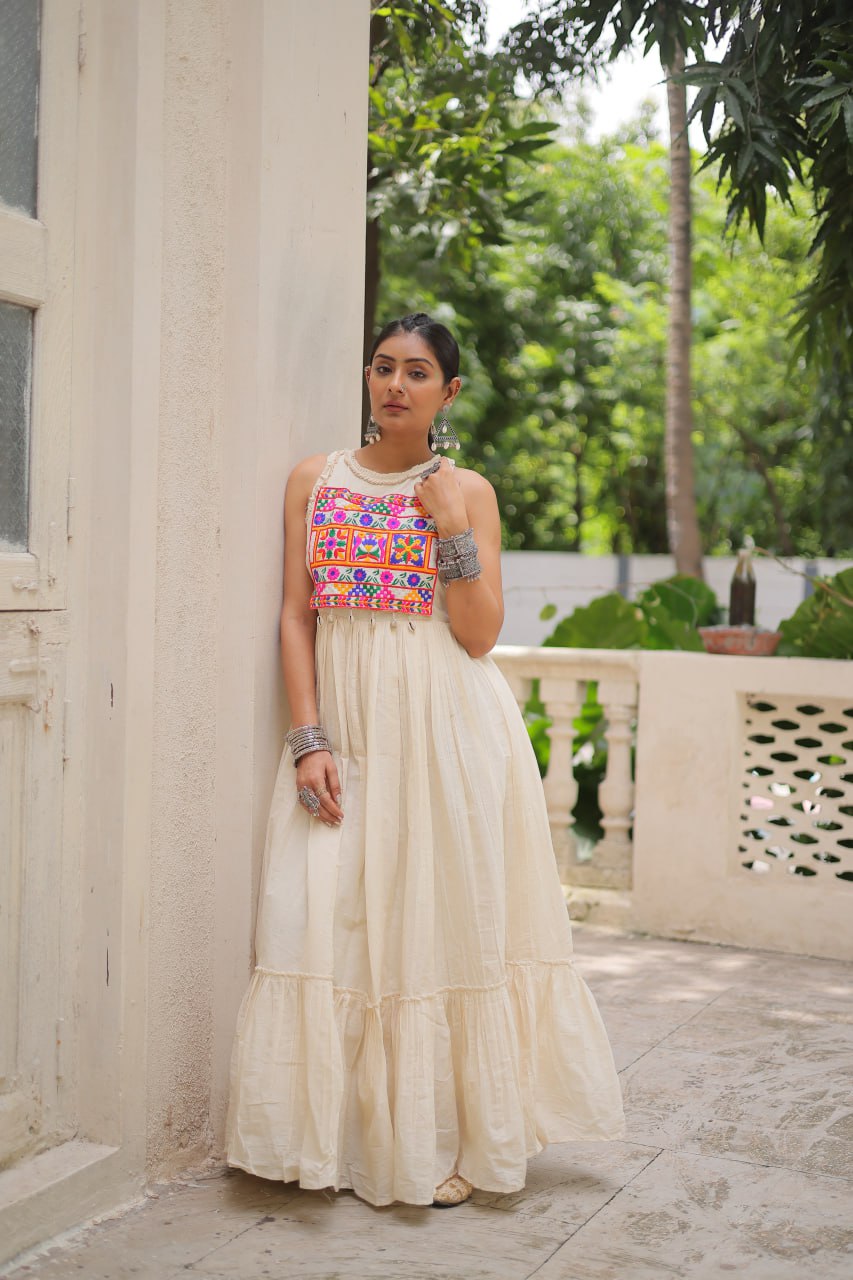 Off-White Kora Cotton Sleeveless Embroidered Gown with 8-Meter Flair
