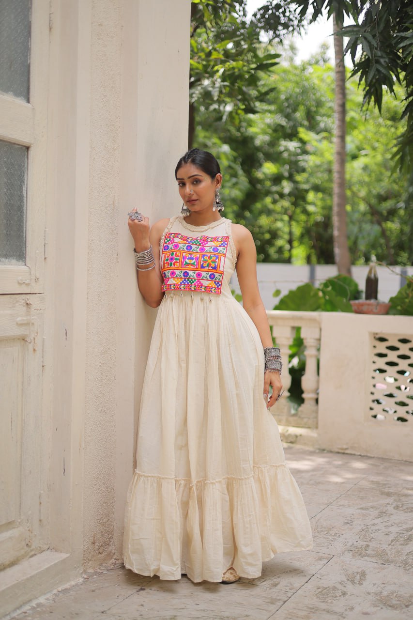 Off-White Kora Cotton Sleeveless Embroidered Gown with 8-Meter Flair