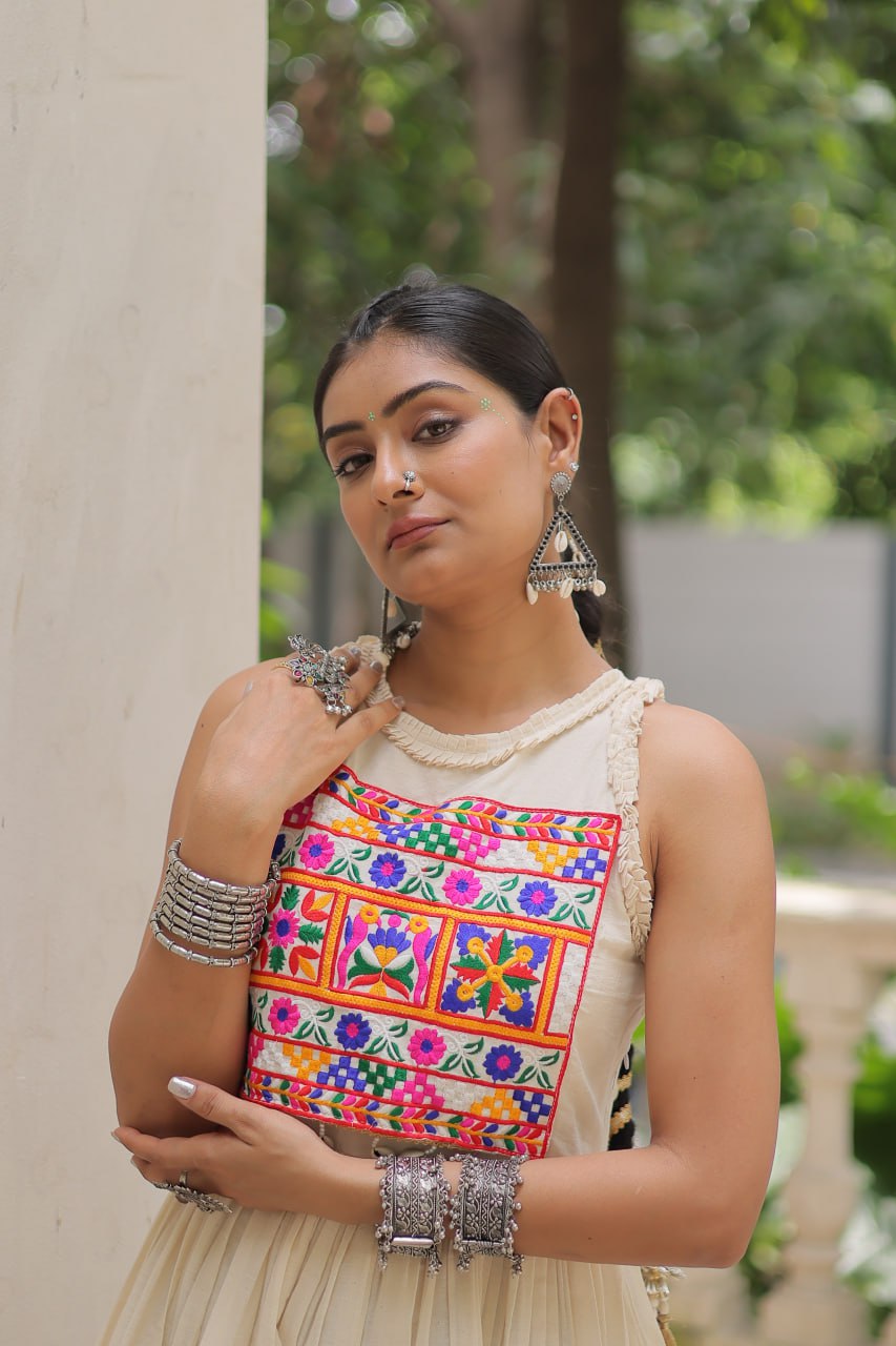 Off-White Kora Cotton Sleeveless Embroidered Gown with 8-Meter Flair