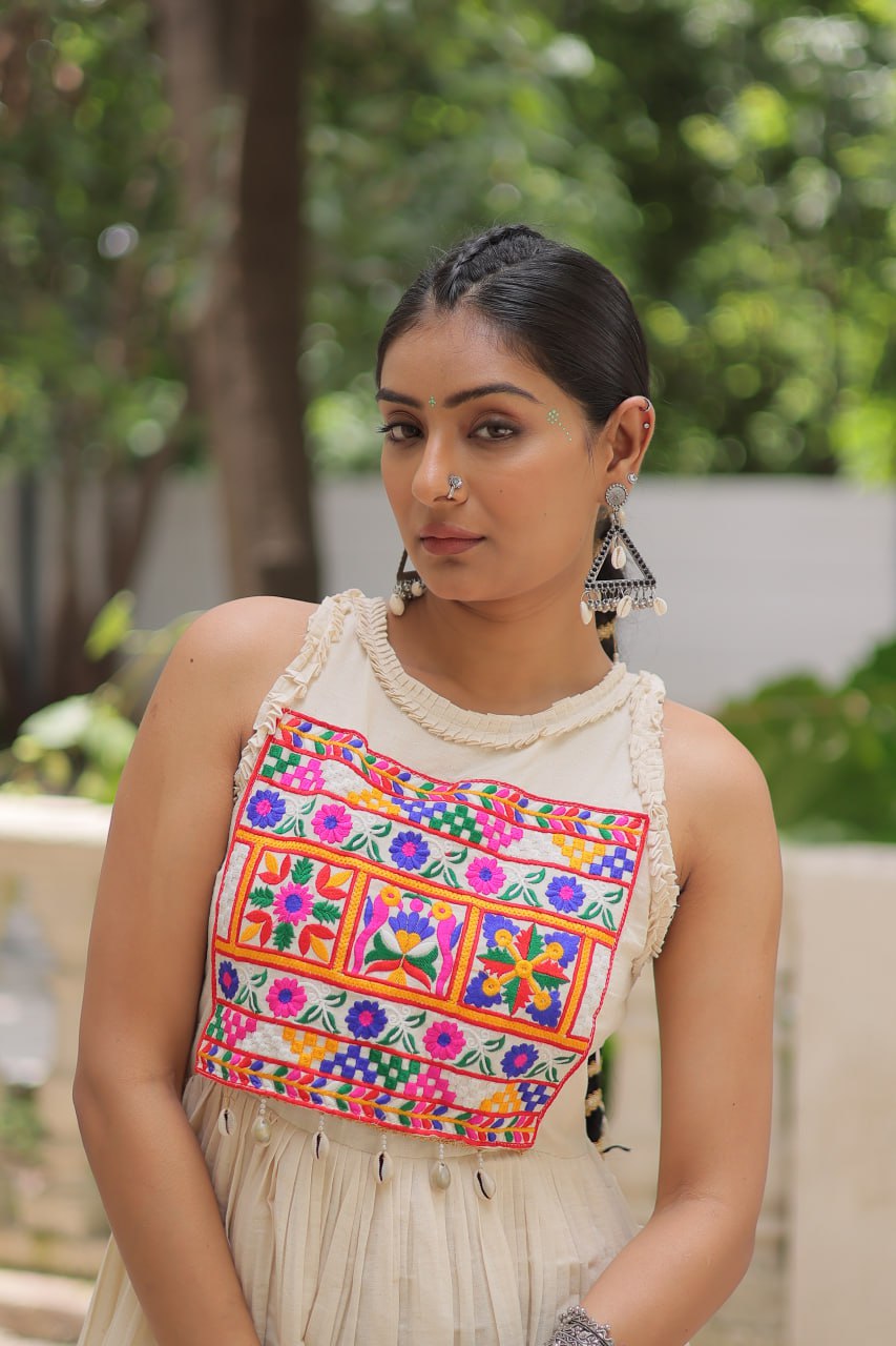 Off-White Kora Cotton Sleeveless Embroidered Gown with 8-Meter Flair
