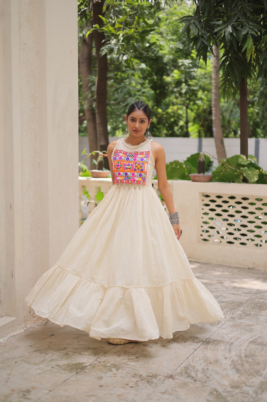 Off-White Kora Cotton Sleeveless Embroidered Gown with 8-Meter Flair