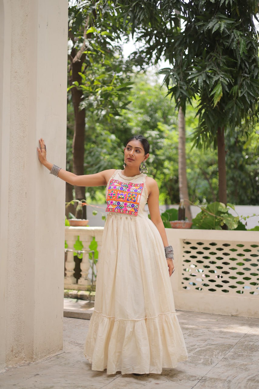 Off-White Kora Cotton Sleeveless Embroidered Gown with 8-Meter Flair