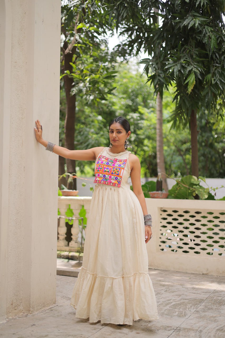 Off-White Kora Cotton Sleeveless Embroidered Gown with 8-Meter Flair