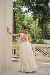 Off-White Kora Cotton Sleeveless Embroidered Gown with 8-Meter Flair