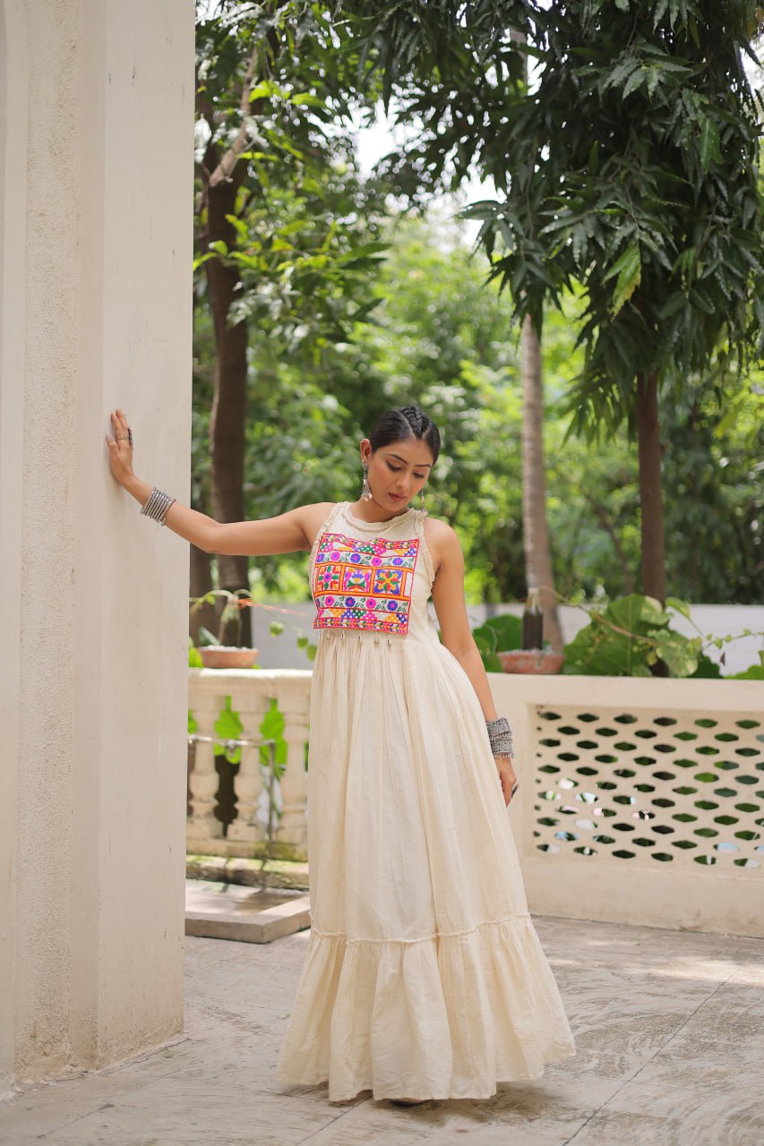 Off-White Kora Cotton Sleeveless Embroidered Gown with 8-Meter Flair