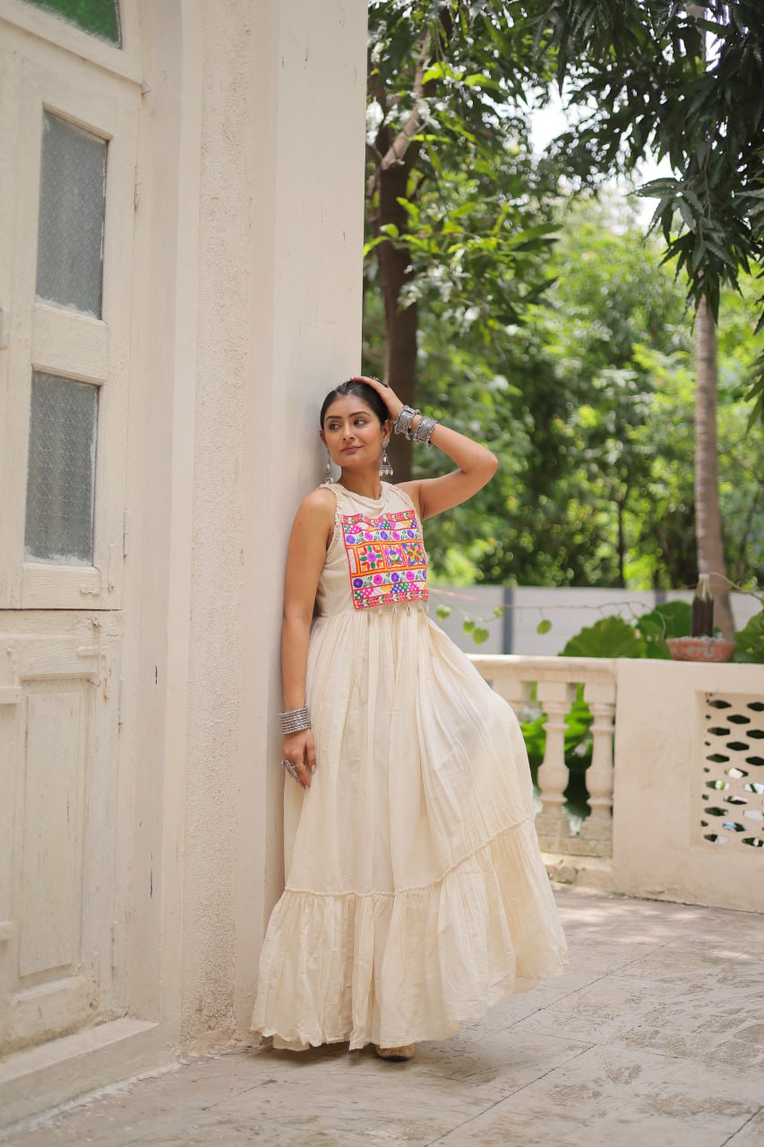 Off-White Kora Cotton Sleeveless Embroidered Gown with 8-Meter Flair