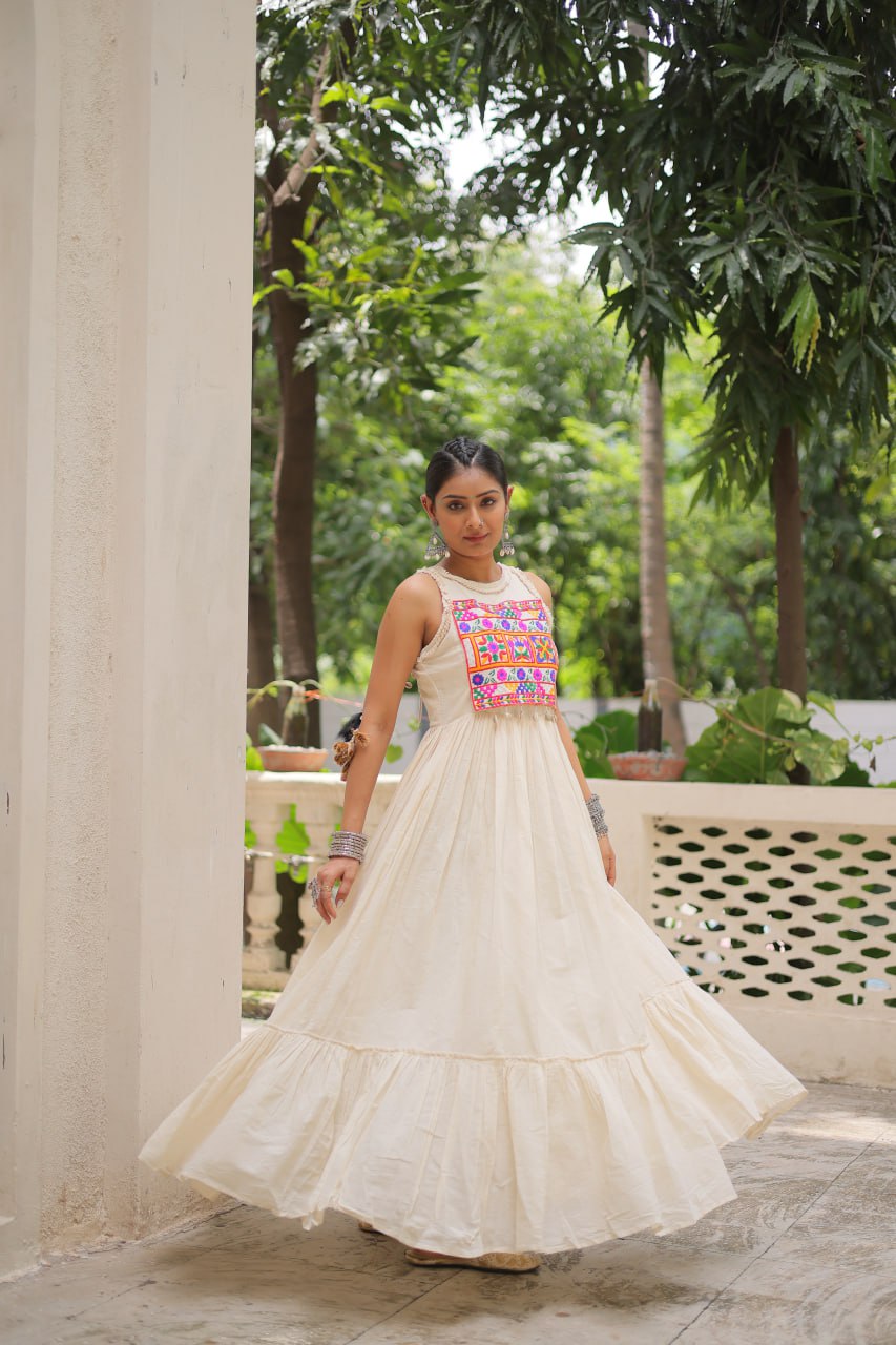 Off-White Kora Cotton Sleeveless Embroidered Gown with 8-Meter Flair