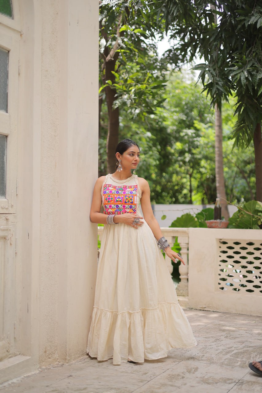 Off-White Kora Cotton Sleeveless Embroidered Gown with 8-Meter Flair