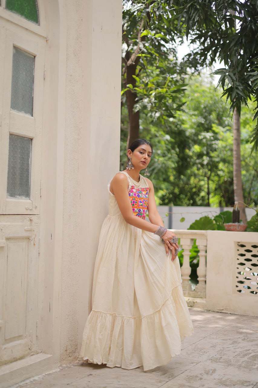 Off-White Kora Cotton Sleeveless Embroidered Gown with 8-Meter Flair