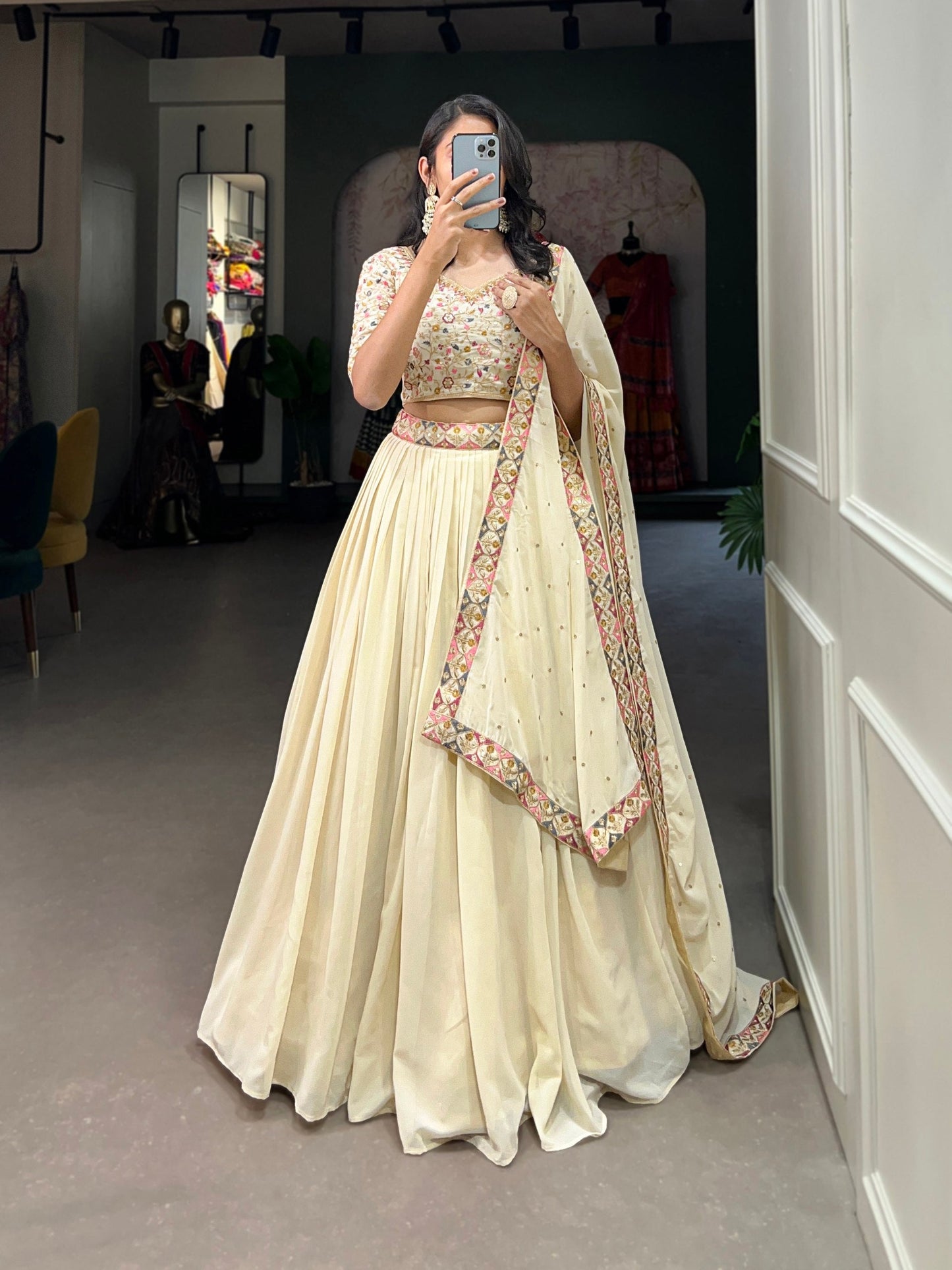 Off-White Lehenga Choli with Sequins & Thread Embroidery in Georgette Fabric