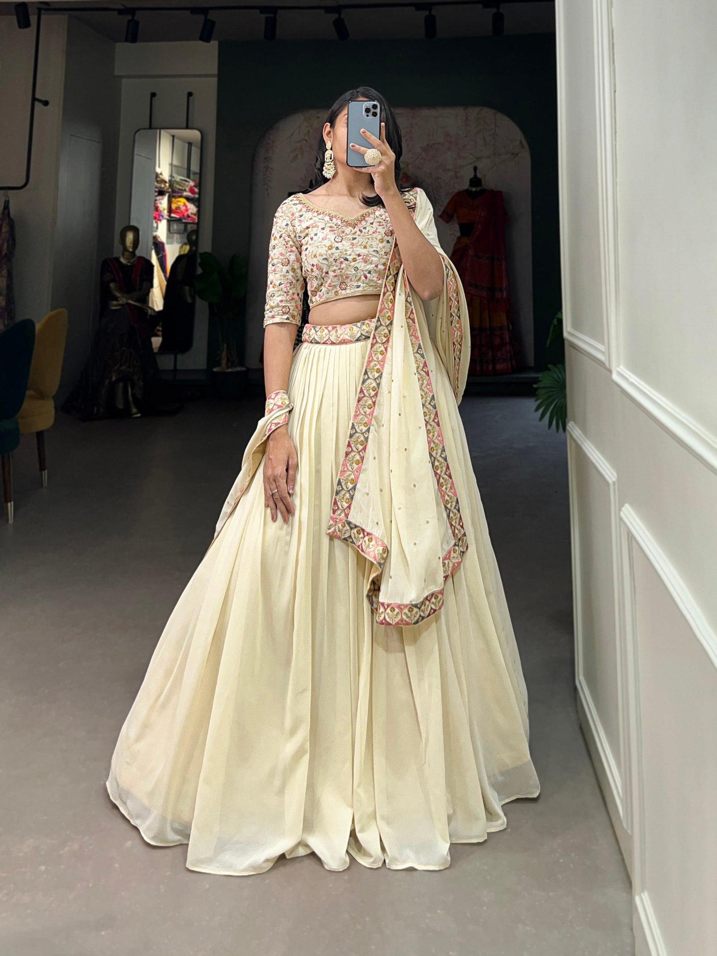 Off-White Lehenga Choli with Sequins & Thread Embroidery in Georgette Fabric