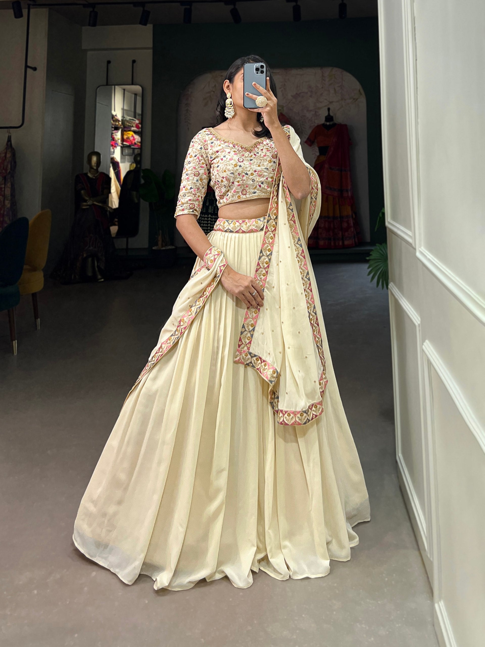 Off-White Lehenga Choli with Sequins & Thread Embroidery in Georgette Fabric