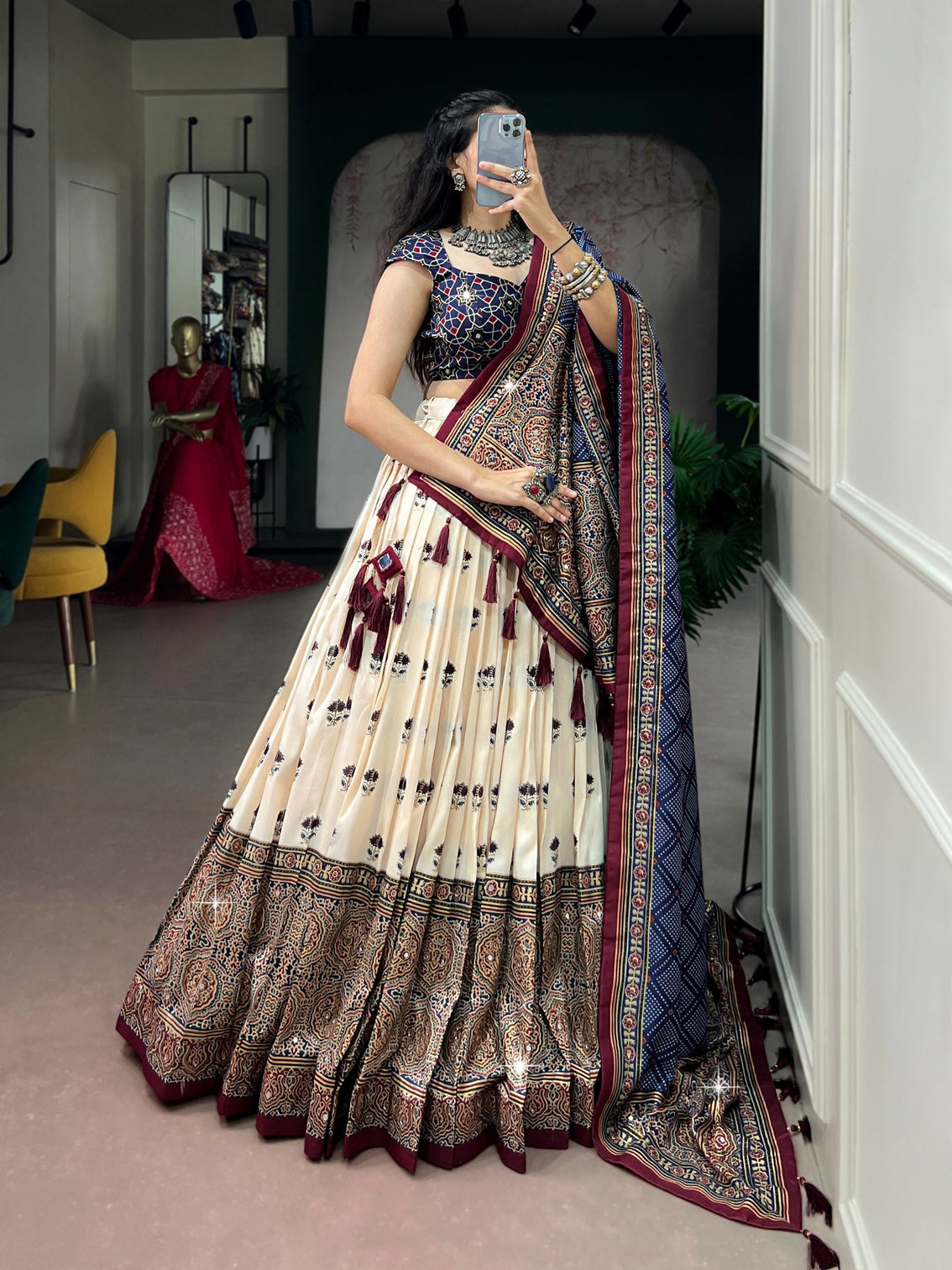 Off White Lehenga with Mirror Work