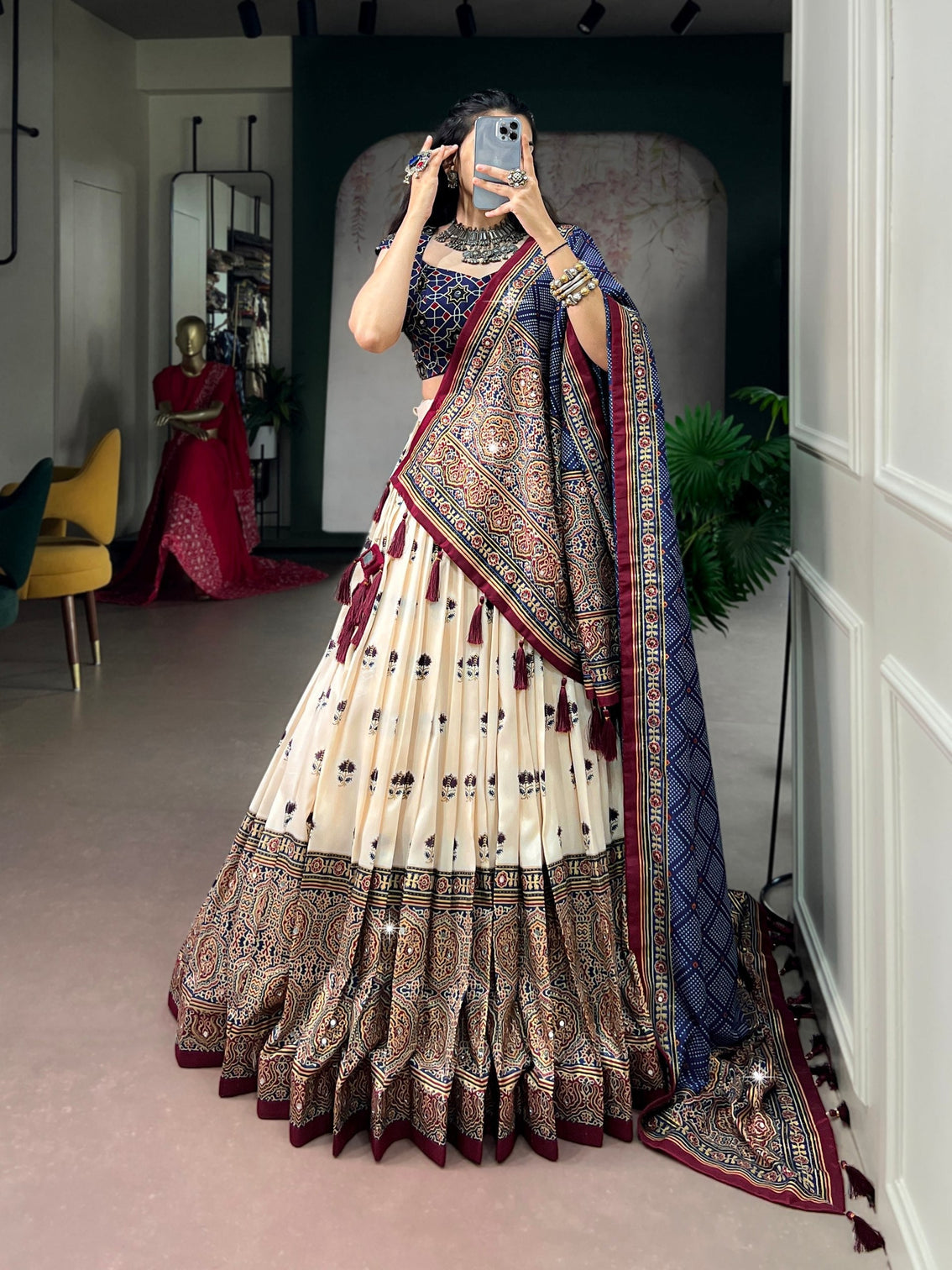 Off White Lehenga with Mirror Work