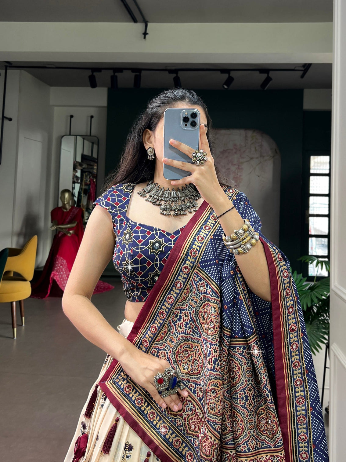Off White Lehenga with Mirror Work