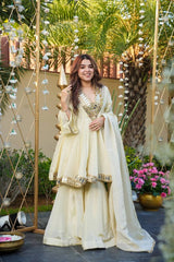 Off White Luxury Cosmos Gold Jari Silk Mirror Work Kurti with Sharara Plazzo & Matching Dupatta – Fully Stitched Premium Party & Festive Wear