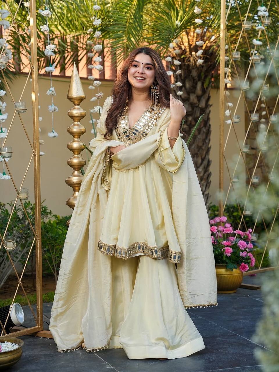 Off White Luxury Cosmos Gold Jari Silk Mirror Work Kurti with Sharara Plazzo & Matching Dupatta – Fully Stitched Premium Party & Festive Wear