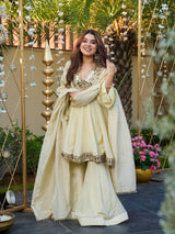 Off White Luxury Cosmos Gold Jari Silk Mirror Work Kurti with Sharara Plazzo & Matching Dupatta – Fully Stitched Premium Party & Festive Wear