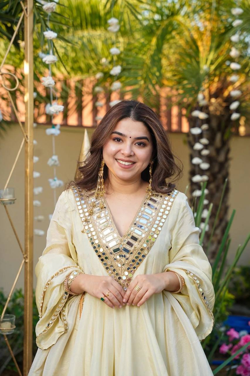 Off White Luxury Cosmos Gold Jari Silk Mirror Work Kurti with Sharara Plazzo & Matching Dupatta – Fully Stitched Premium Party & Festive Wear
