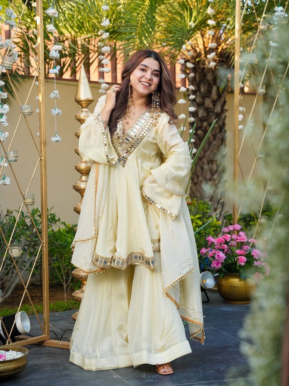 Off White Luxury Cosmos Gold Jari Silk Mirror Work Kurti with Sharara Plazzo & Matching Dupatta – Fully Stitched Premium Party & Festive Wear