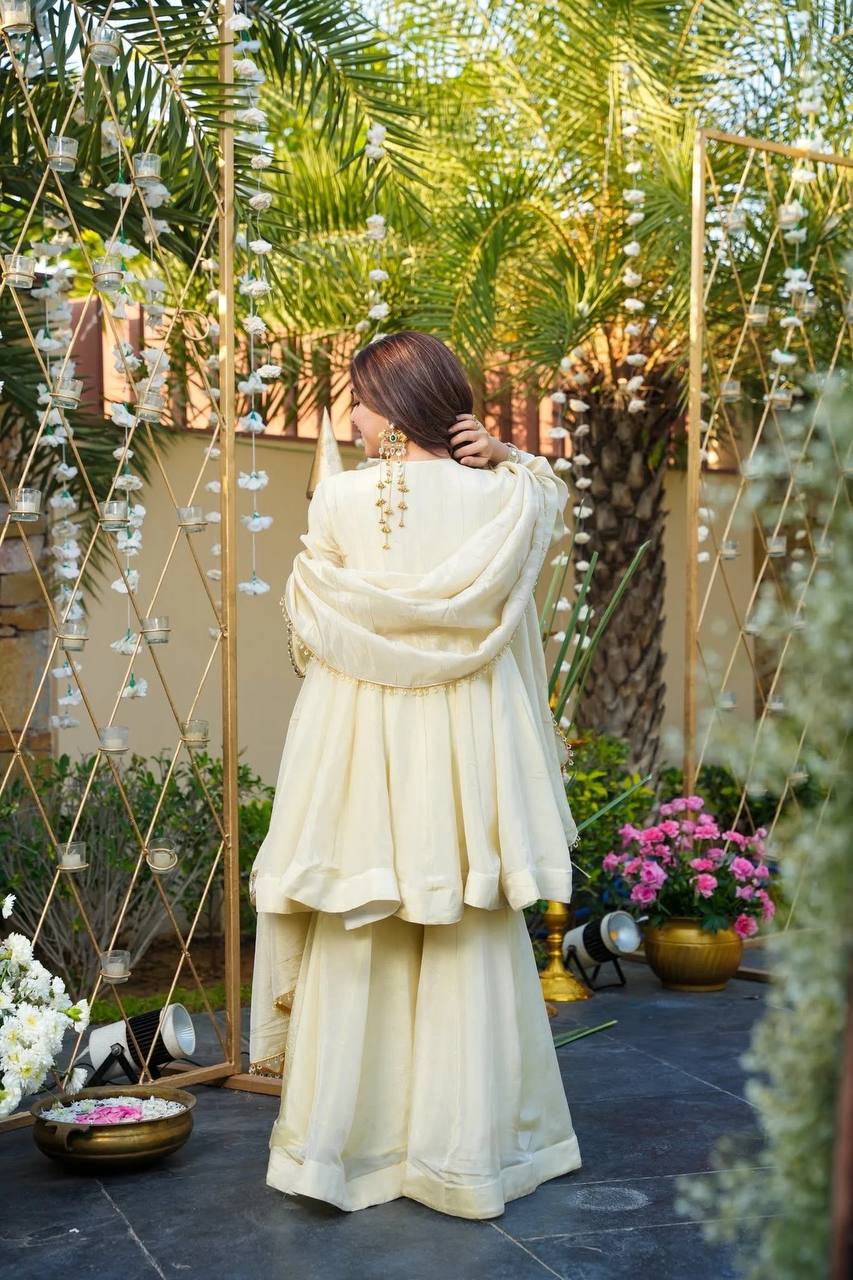 Off White Luxury Cosmos Gold Jari Silk Mirror Work Kurti with Sharara Plazzo & Matching Dupatta – Fully Stitched Premium Party & Festive Wear