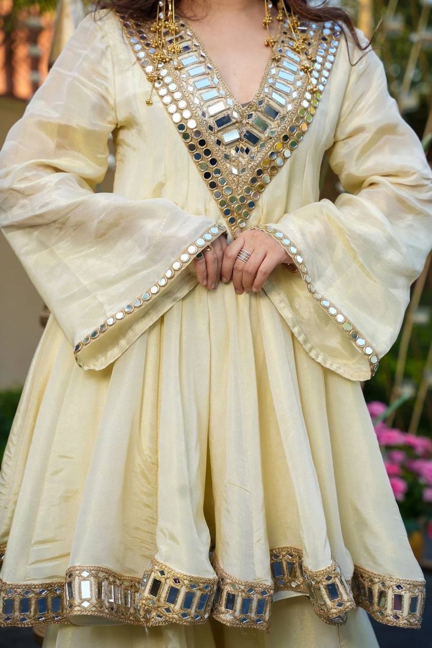 Off White Luxury Cosmos Gold Jari Silk Mirror Work Kurti with Sharara Plazzo & Matching Dupatta – Fully Stitched Premium Party & Festive Wear