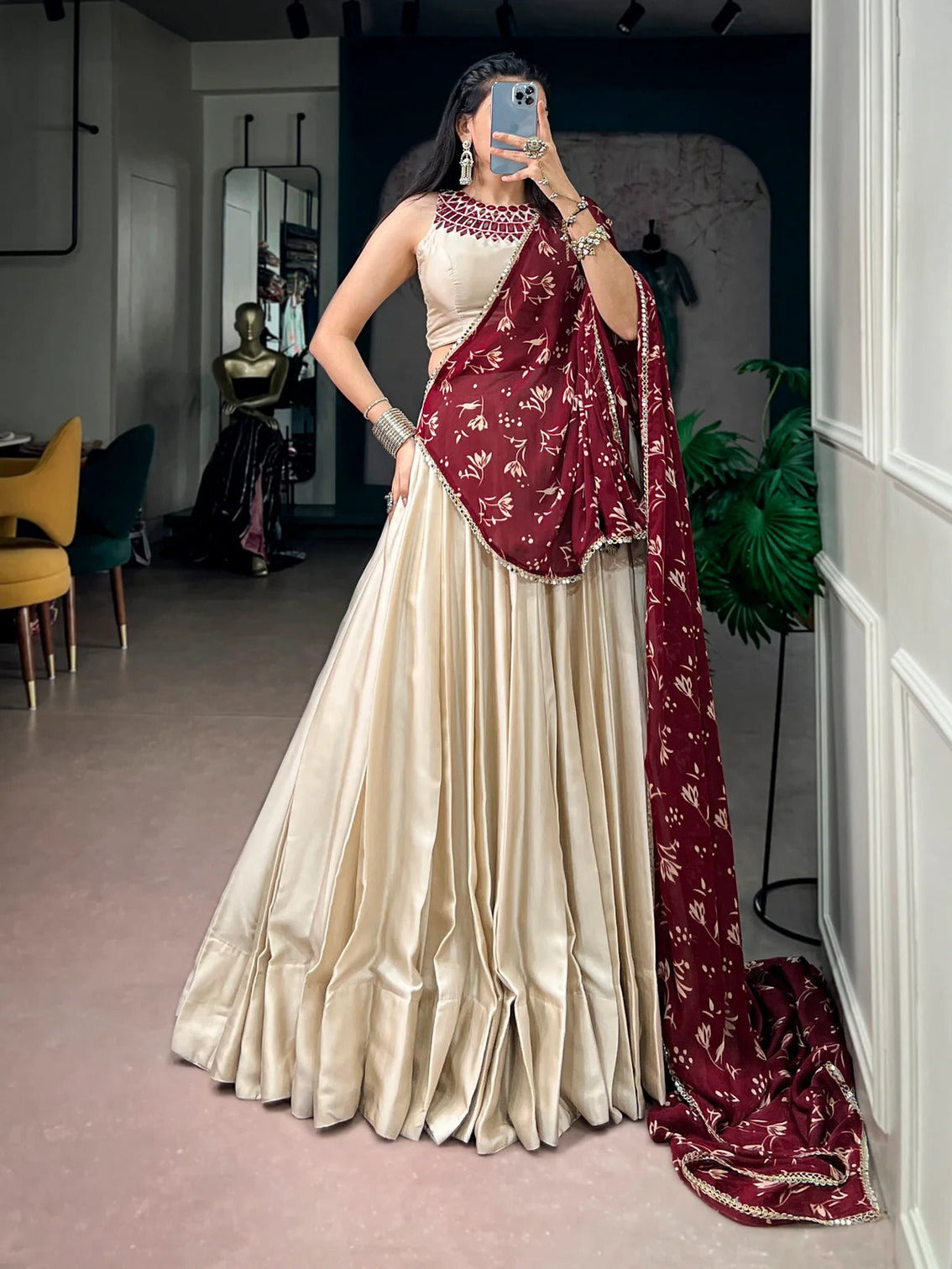 Off white mirror work chaniya choli for navratri garba