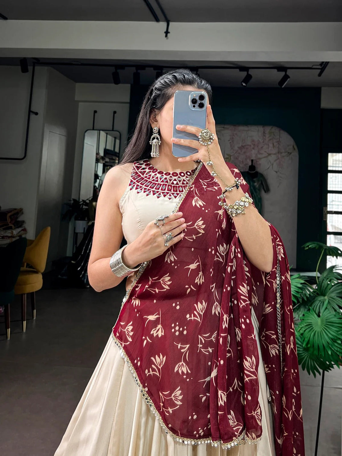 Off white mirror work chaniya choli for navratri garba