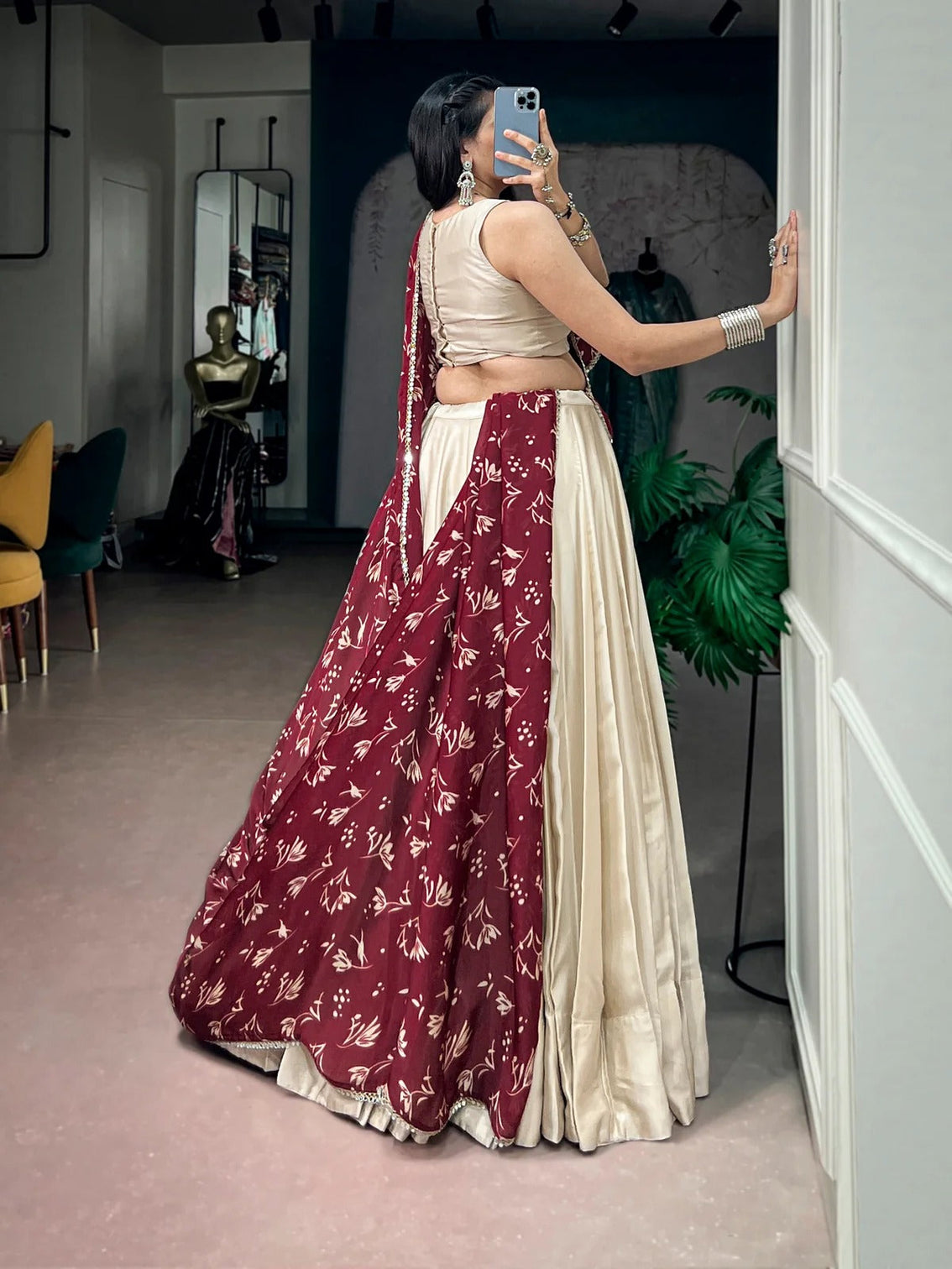 Off white mirror work chaniya choli for navratri garba