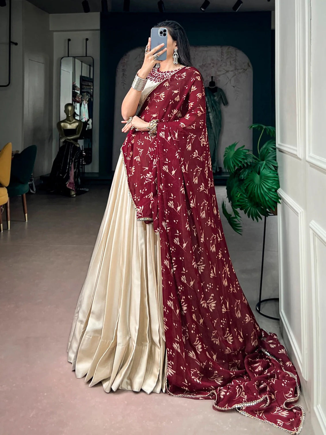 Off white mirror work chaniya choli for navratri garba