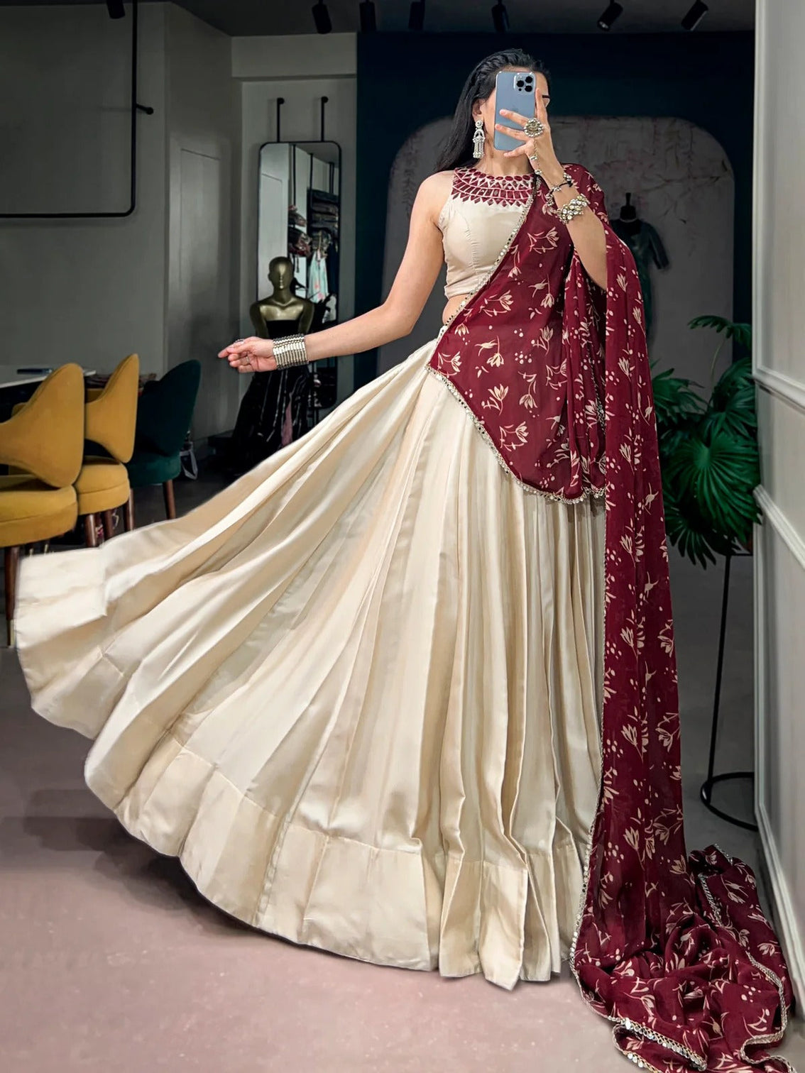 Off white mirror work chaniya choli for navratri garba