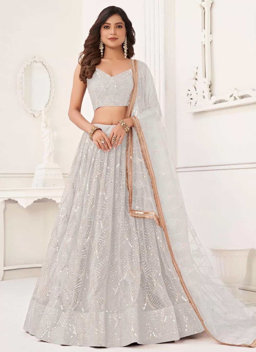 Off white net indian wedding function lehenga choli