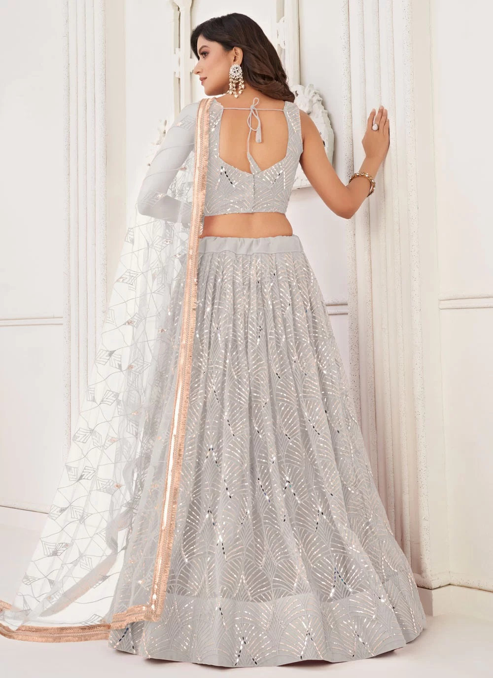 Off white net indian wedding function lehenga choli