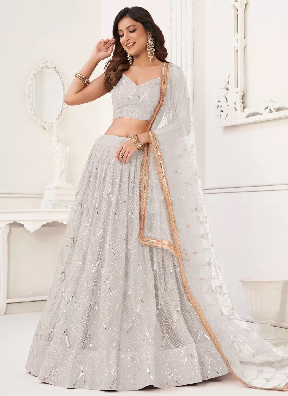 Off white net indian wedding function lehenga choli