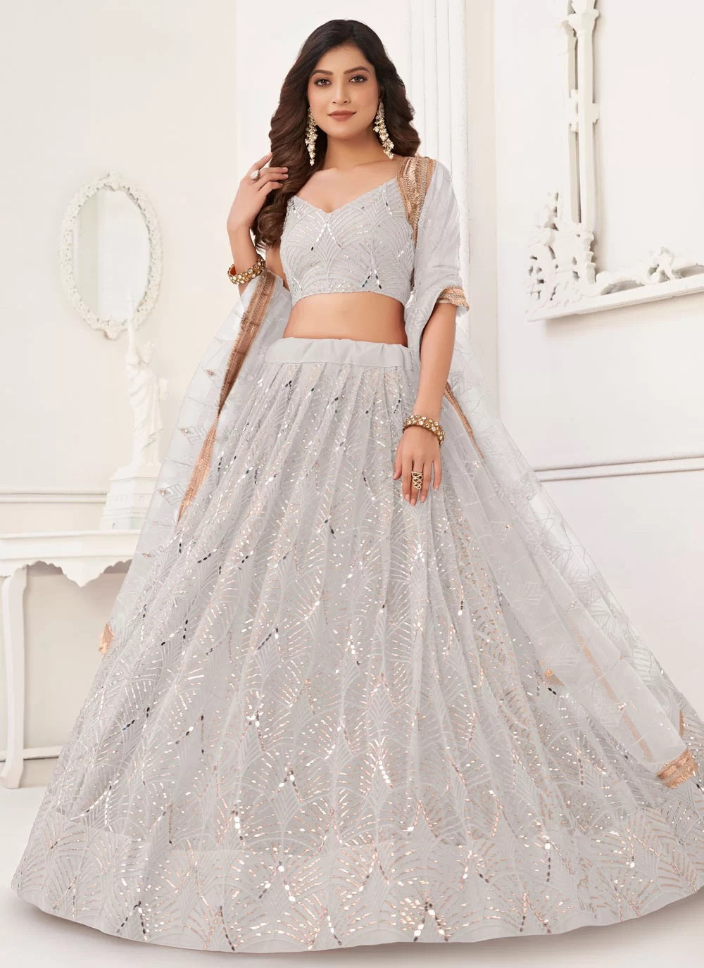 Off white net indian wedding function lehenga choli