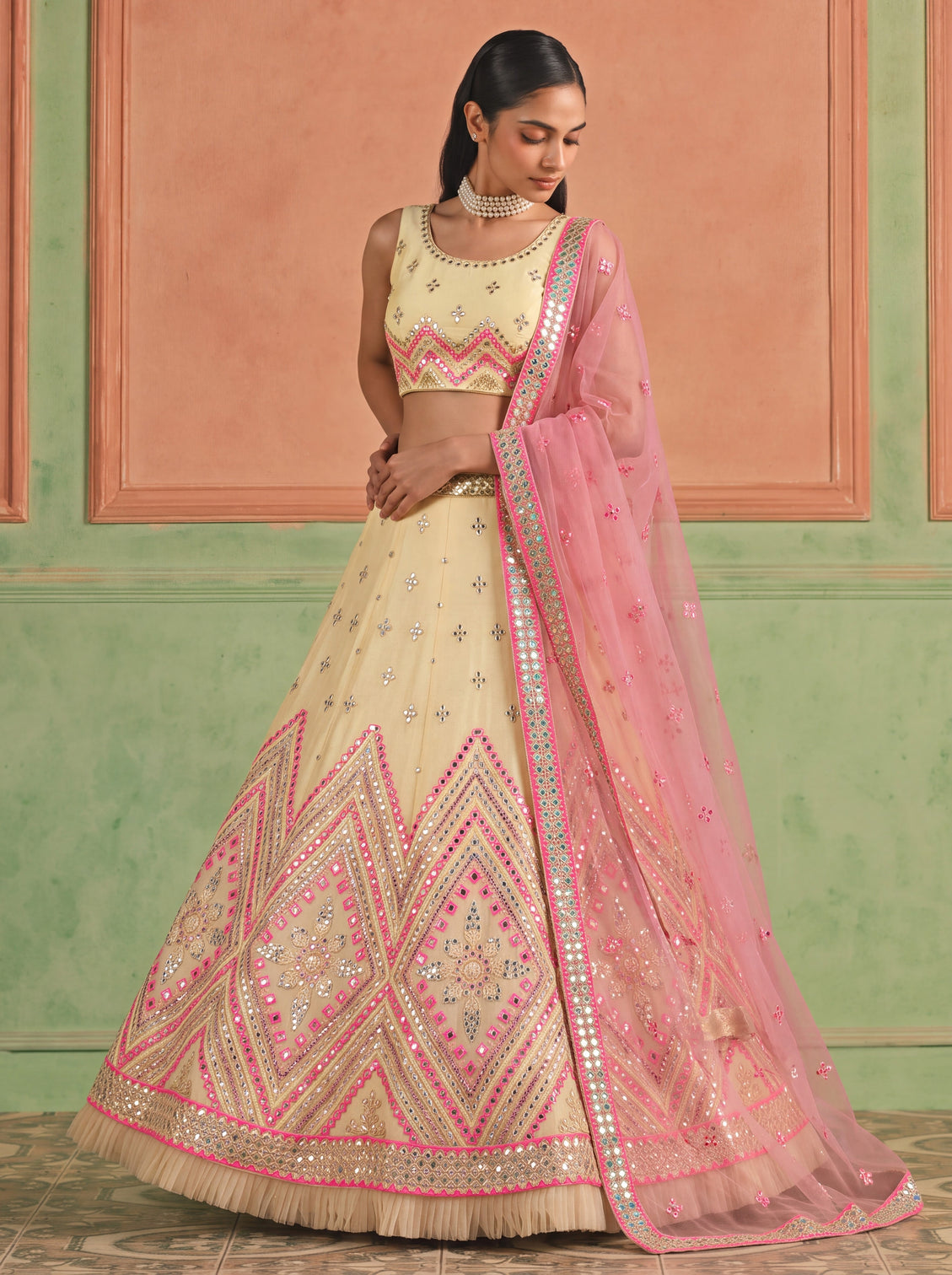 Off White Organza Embroidered Foil Mirror Work Lehenga Choli