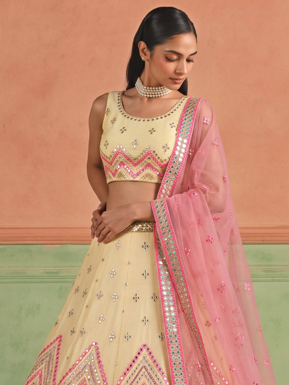 Off White Organza Embroidered Foil Mirror Work Lehenga Choli