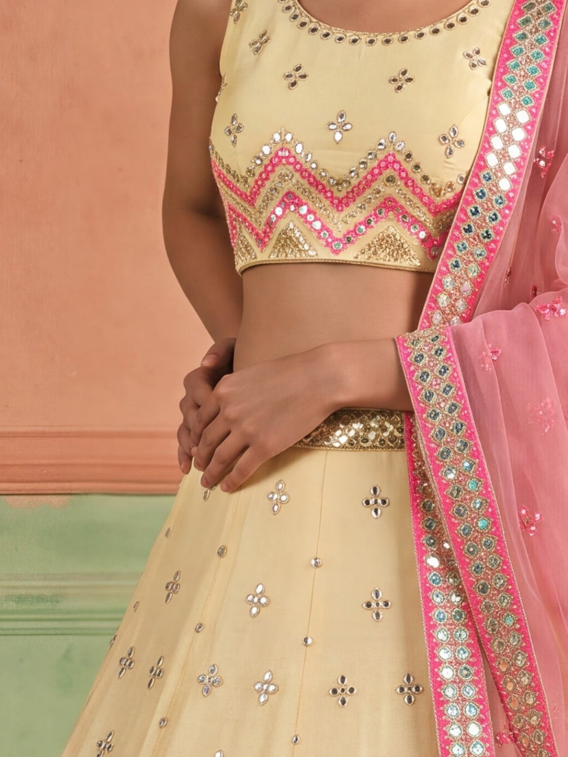 Off White Organza Embroidered Foil Mirror Work Lehenga Choli