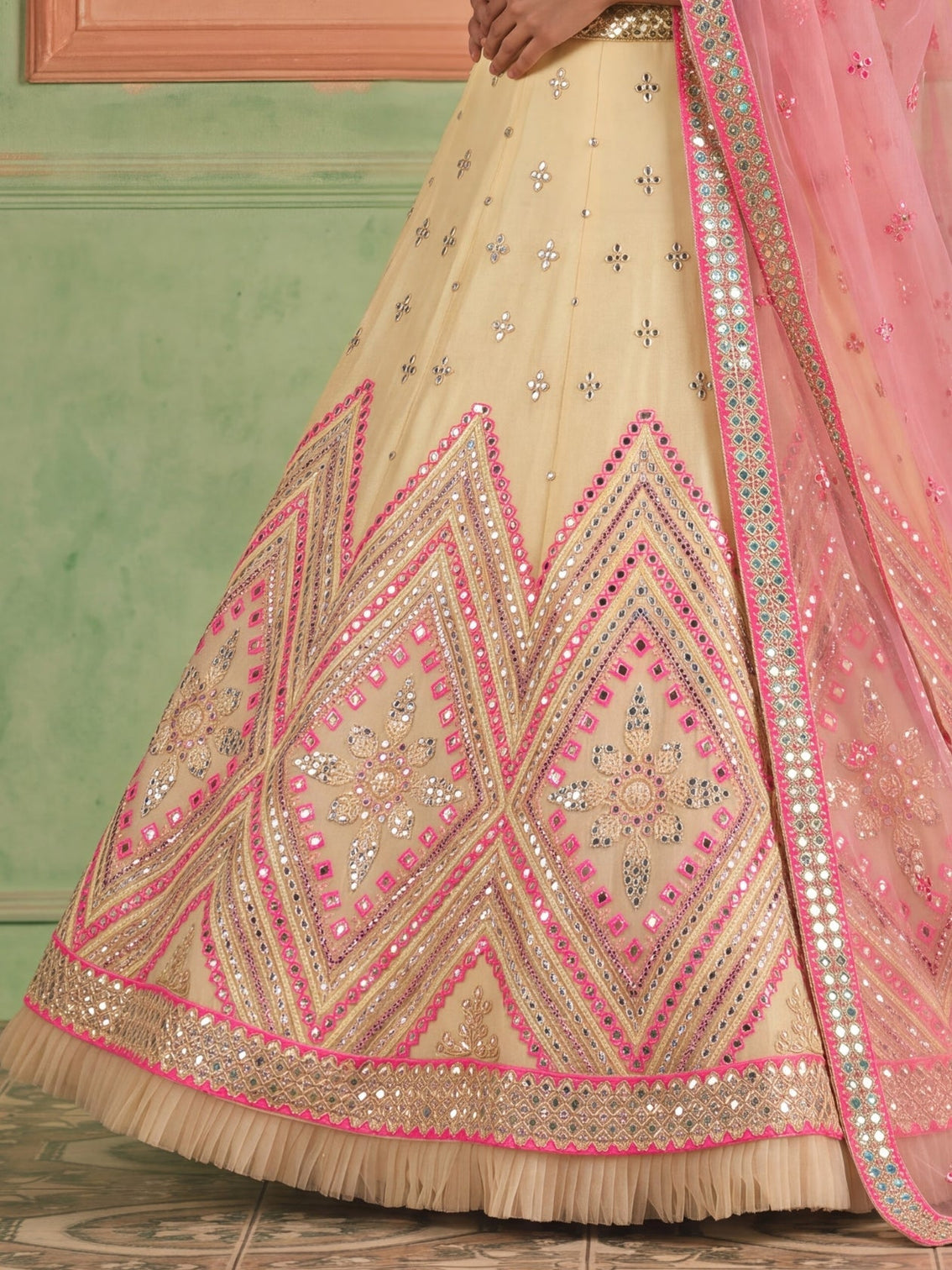 Off White Organza Embroidered Foil Mirror Work Lehenga Choli