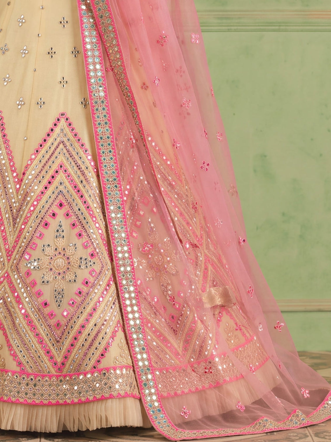 Off White Organza Embroidered Foil Mirror Work Lehenga Choli