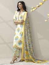 Libas Off white Printed Cotton Straight Suit Set With Dupatta